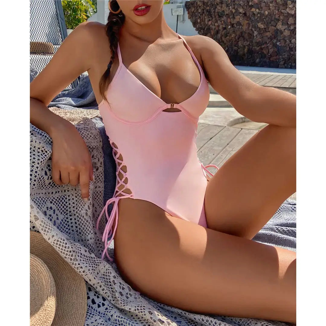 Women's Lace Up Underwired One Piece Swimwear Backless Swimsuit