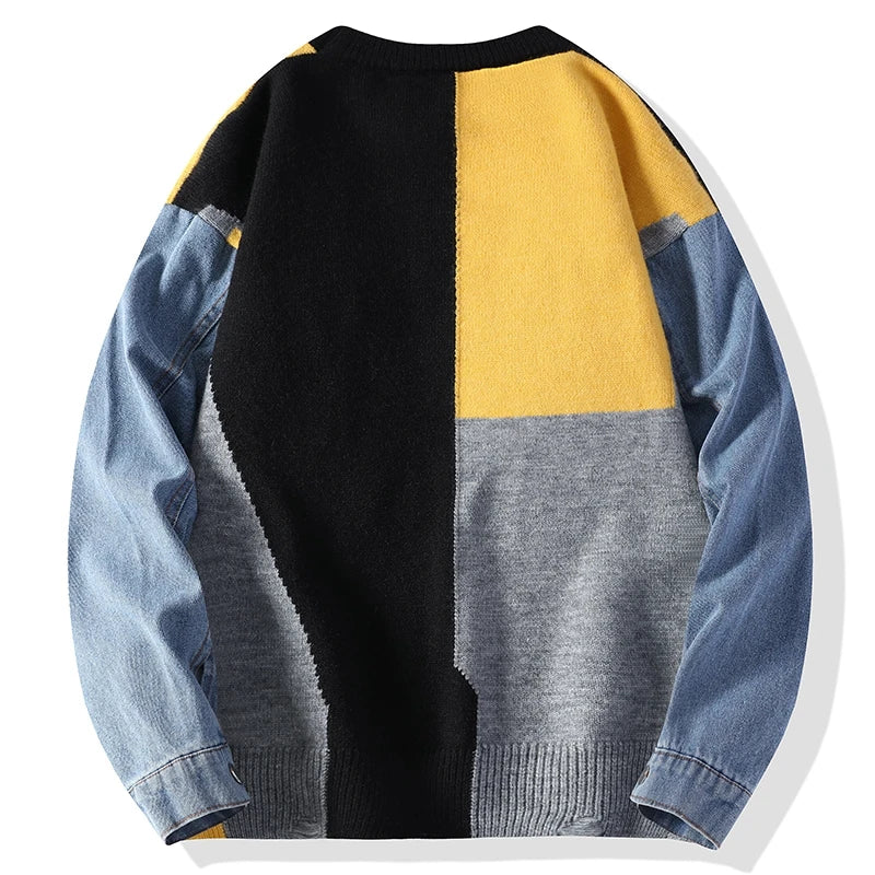 Men's Round Neck Pullover Patchwork Knitted Sweater