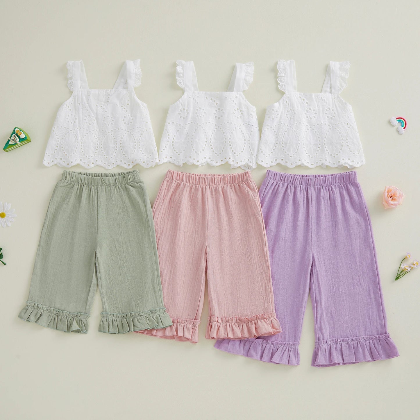 Girls Spring Outfit Set - Lace Ruffle Sleeveless Top & Wide Leg Pants (2-7Y)