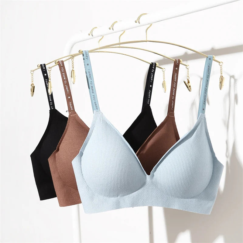 Women's 3/5Pcs/set Wireless Bra Deep V Padded Bralette Stripe Knitting Bras