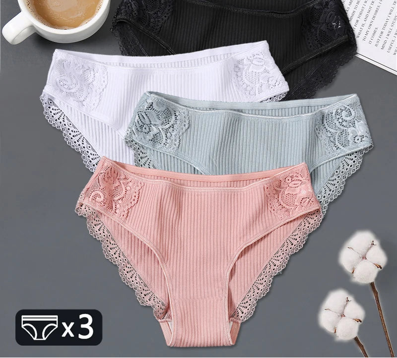 Women's Cotton Underwear 3-Piece Set - Low-Rise Lace Trim Briefs