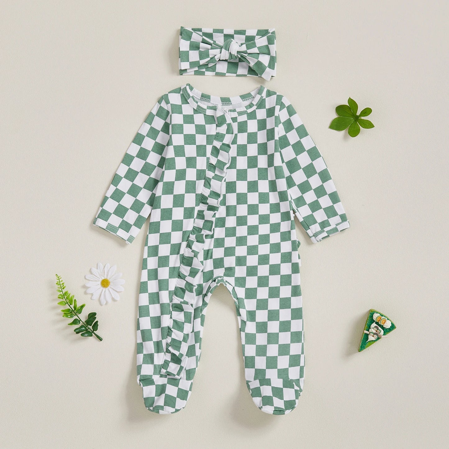 Newborn Baby Footie Set with Headband - Checkerboard Ruffled Zip Front Jumpsuit