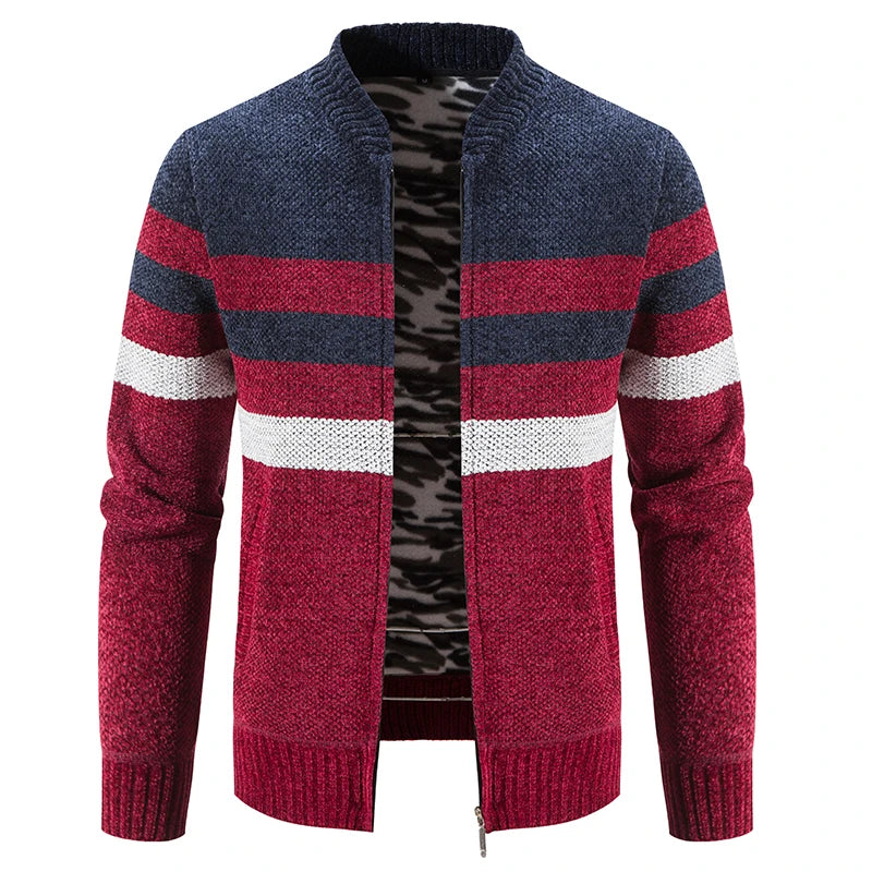Men's Slim Fit Striped Cardigan - Stand Collar Knitted Sweater Coat