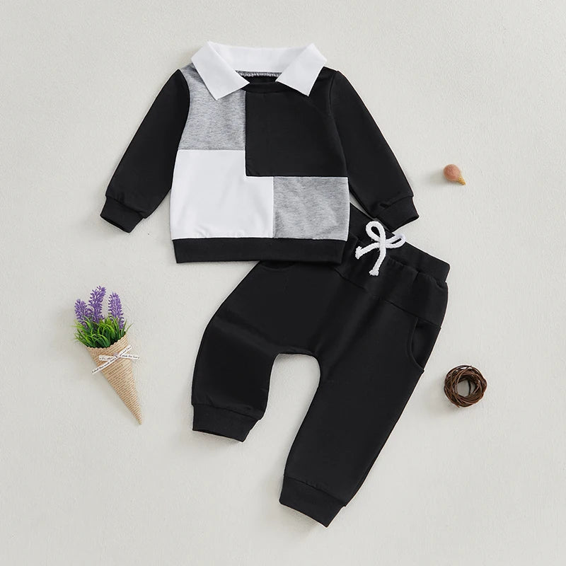 0-3Y Baby Boys 2Pcs Clothes Sets Outfit Long Sleeve Lapel Collared Colour Patchwork Sweatshirt and Pants