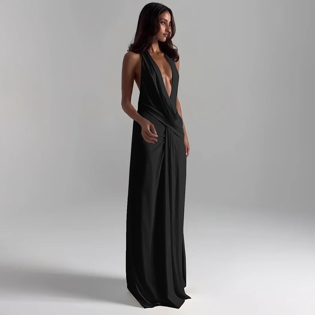 Women's Halter Draped Ruched Maxi Dress - Backless Deep V Neck Gown