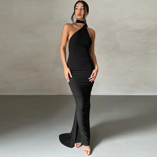 Women's Backless Irregular Maxi Ruched Long Sleeveless Dress