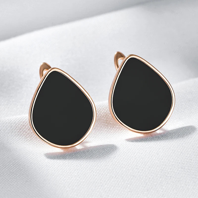 Women's 585 Rose Gold Colour Geometry Black Stone Dangle Earrings