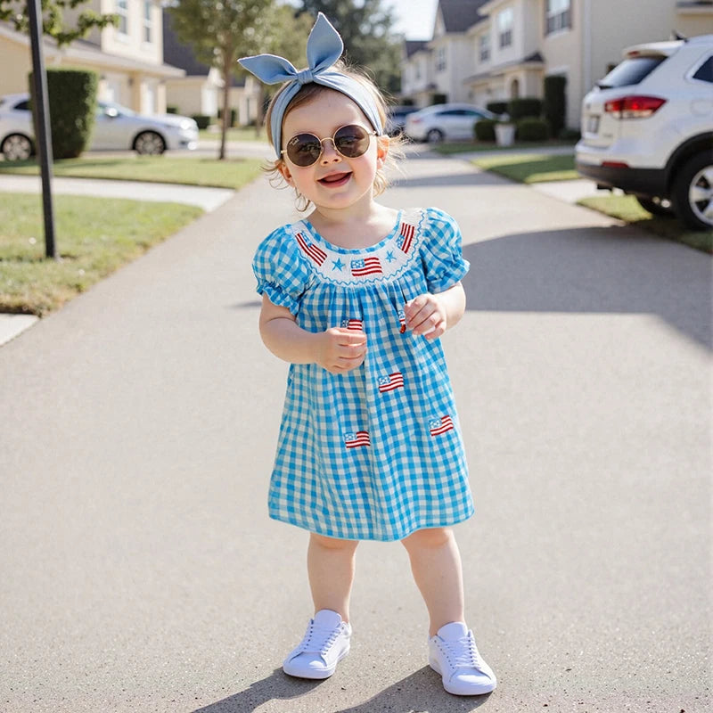 0-4Y  Kids Girl’s  Short Sleeve Embroidery Crew Neck Plaid Flags Print A-Line Dress