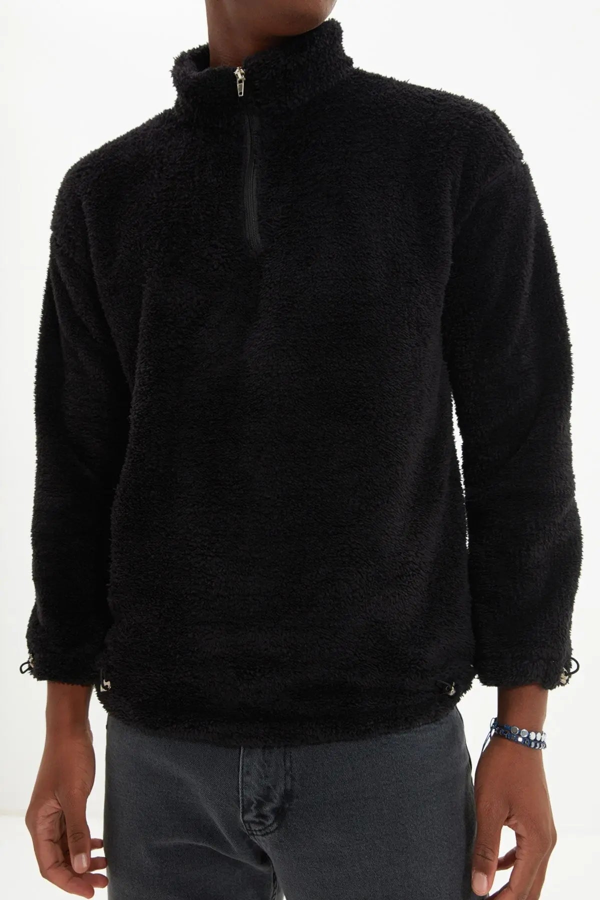 Men's Fabric Loose Plain Plush Standard Sleeve Zippered Standing Collar Sweatshirt