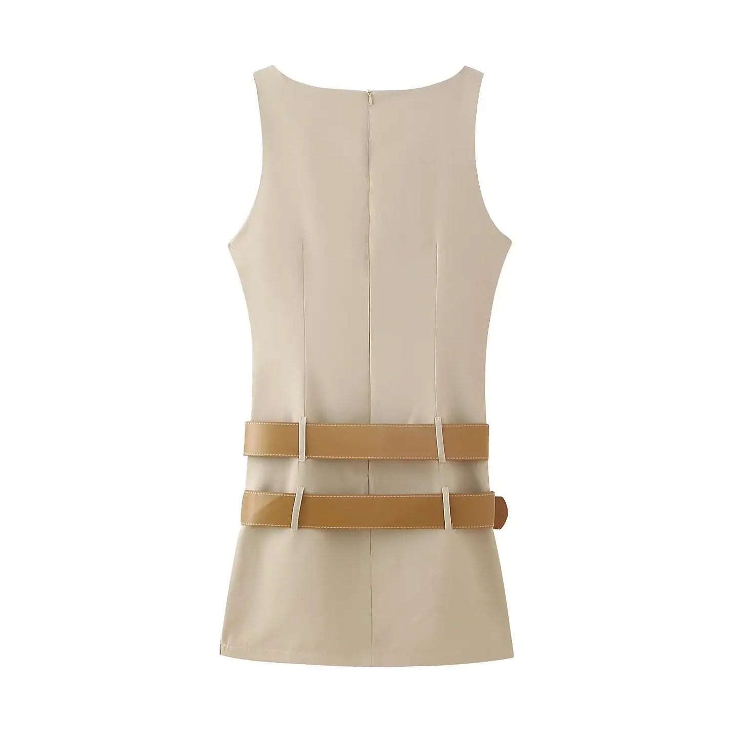 Women Round-neck Sleeveless Short Bodycon Mini Dress With Belts