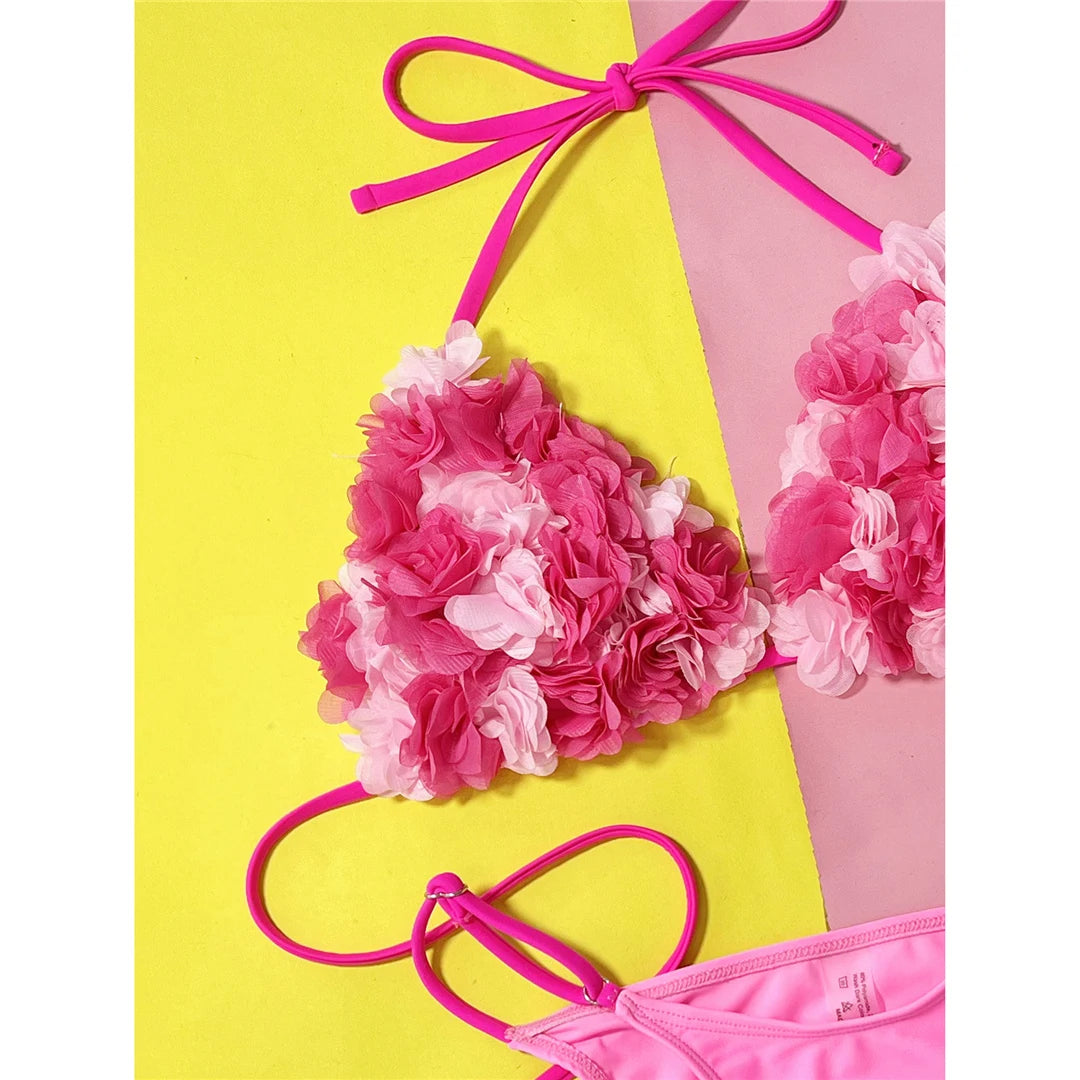 Women's 3D Flowers Halter High Leg Cut Bikini Swimwear Swimsuit Two-pieces Bikini Set