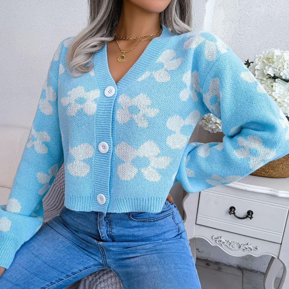 Women's Knitted Cardigan V Neck Single Breasted Sweater Flower Lantern Sleeve Jumper