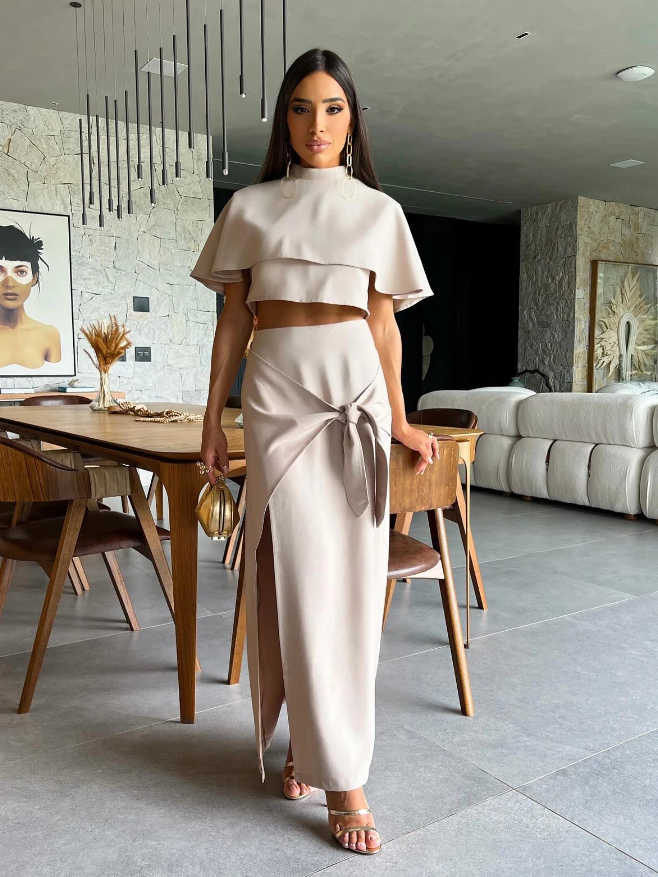 Women Two-piece Short Sleeve  Waist Chic Slit Skirt