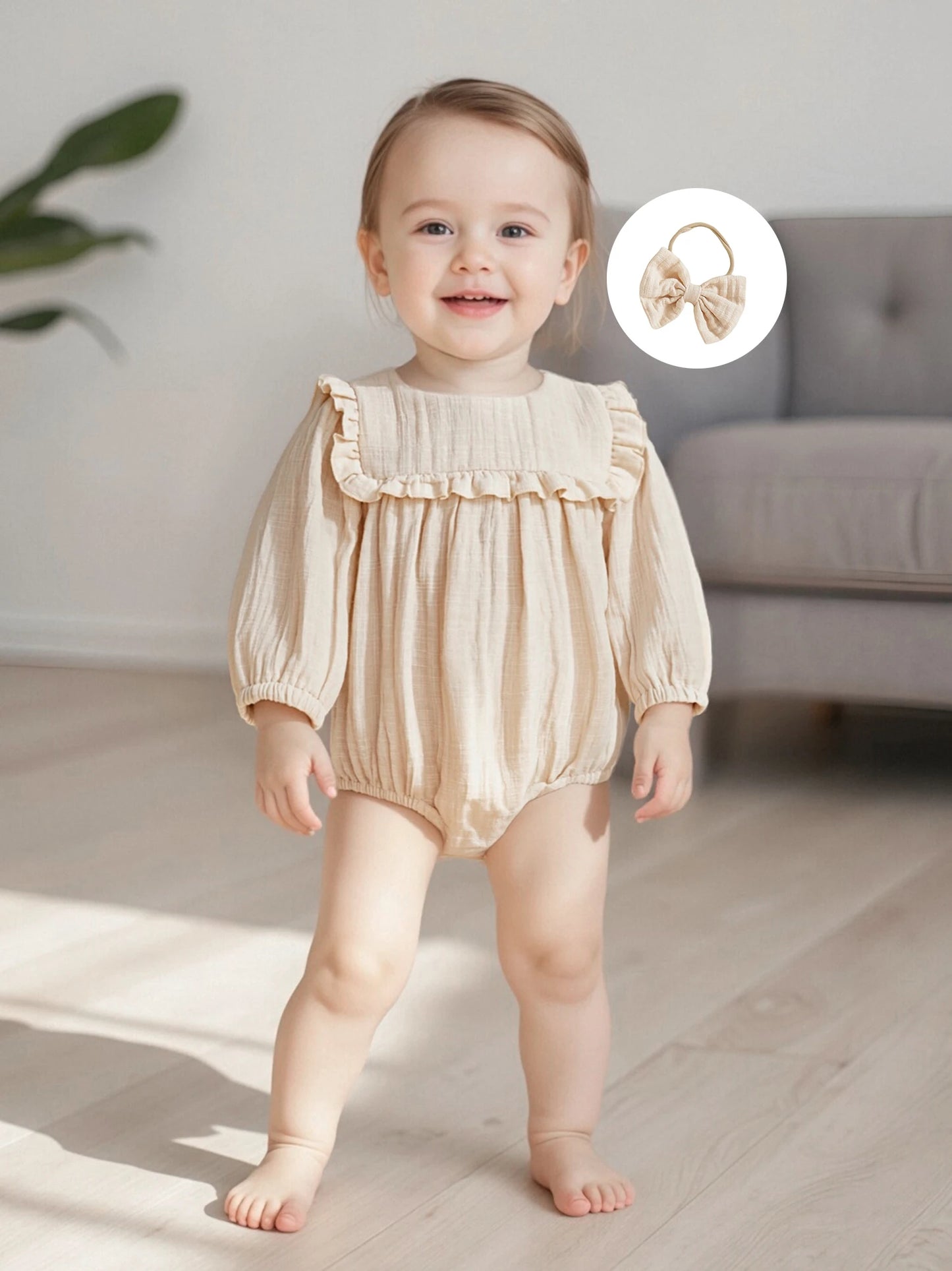 Baby Girls Fall Romper - Solid Color Long Sleeve Round Neck Ruffled Jumpsuit with Bow Headband