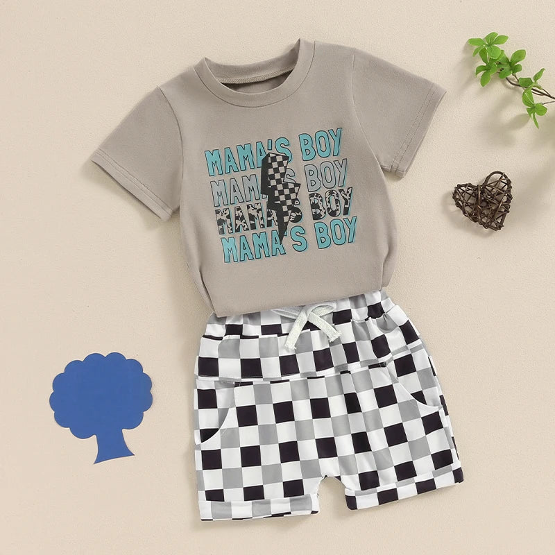 0-3Y Infant Casual Baby Boys Clothes Set Short Sleeve Letters Print T-shirt with Plaid Shorts Summer Outfit