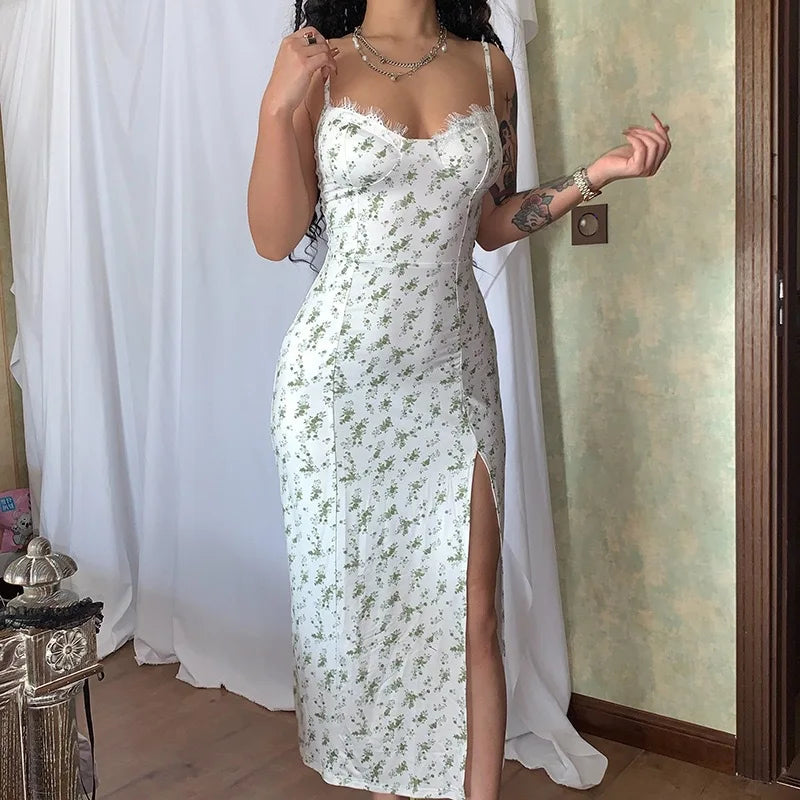 Women Lace Dress- Midi Backless Slit  Summer Elegant Floral Dress