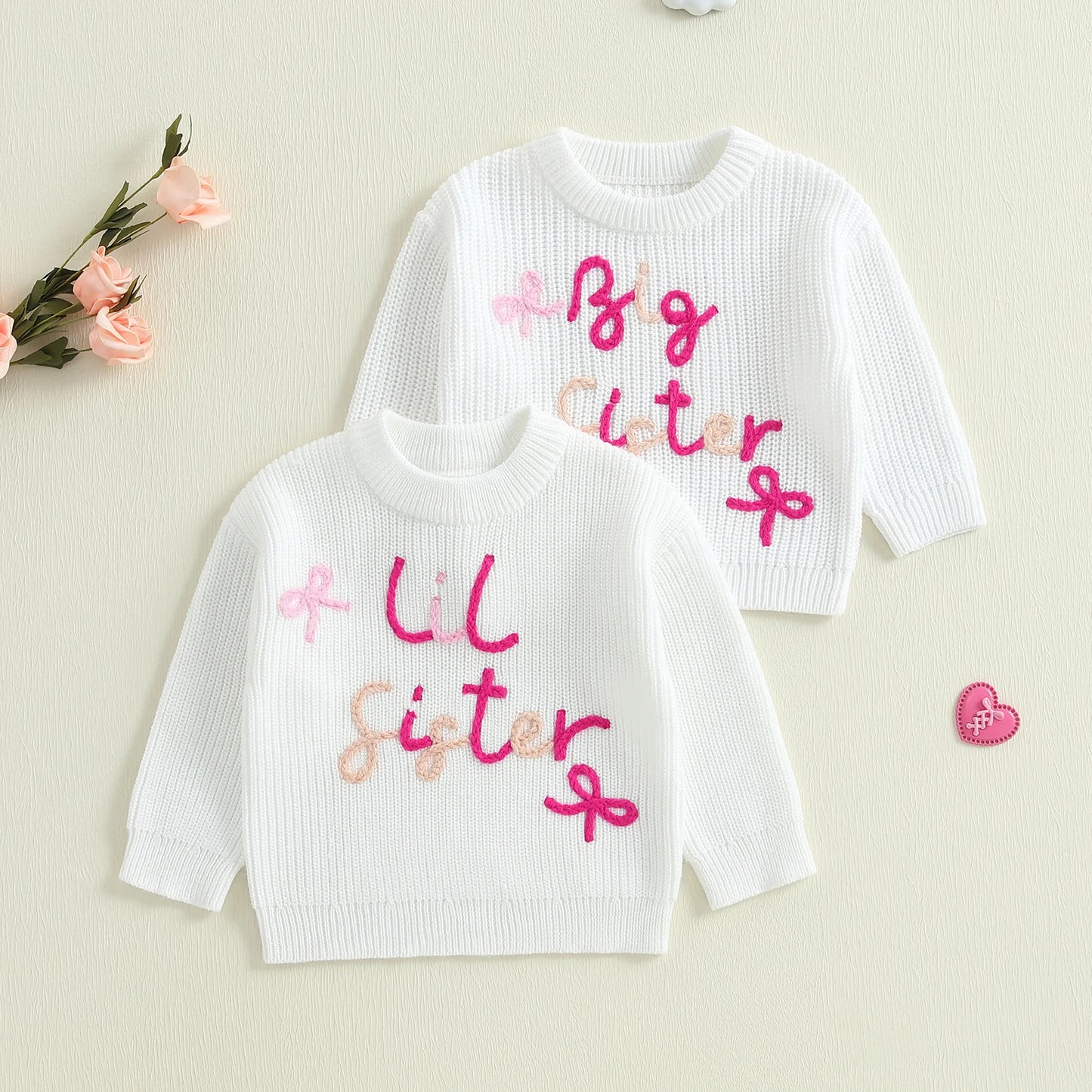 0-3Y Baby Girls Sister Sweater Letter Bowknot Embroidery Crew Neck Long Sleeve Kids Pullovers Casual Top