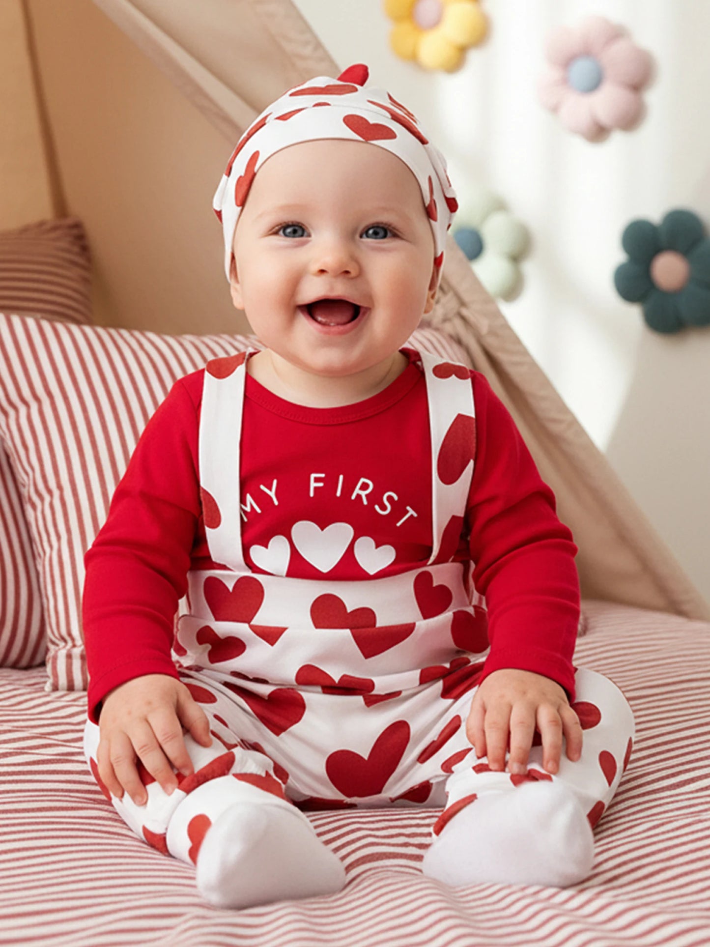 Baby Boys Valentine's Day Outfit Set - Heart Print Romper with Suspender Pants & Hat 0-18M