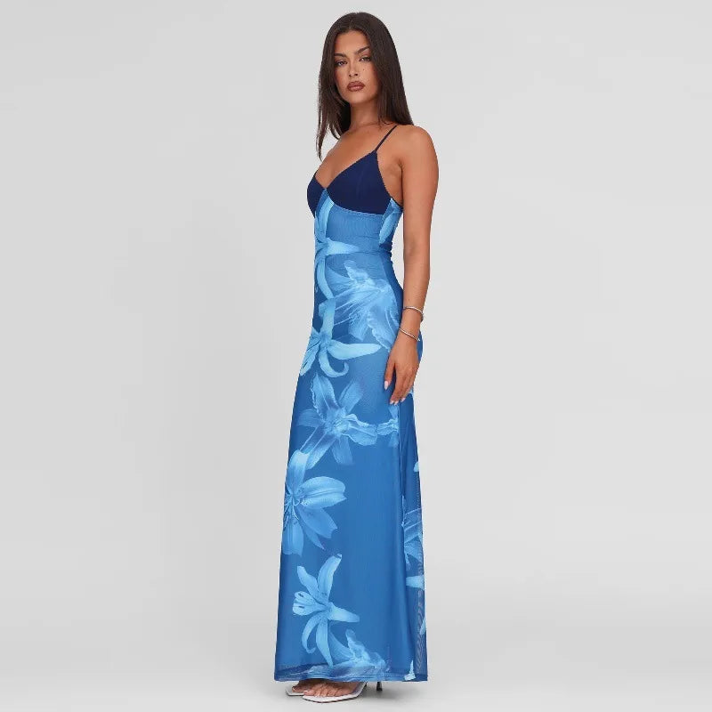 Women's Floral Print Backless Maxi Dress - Summer Slip Bodycon Long Party Dress