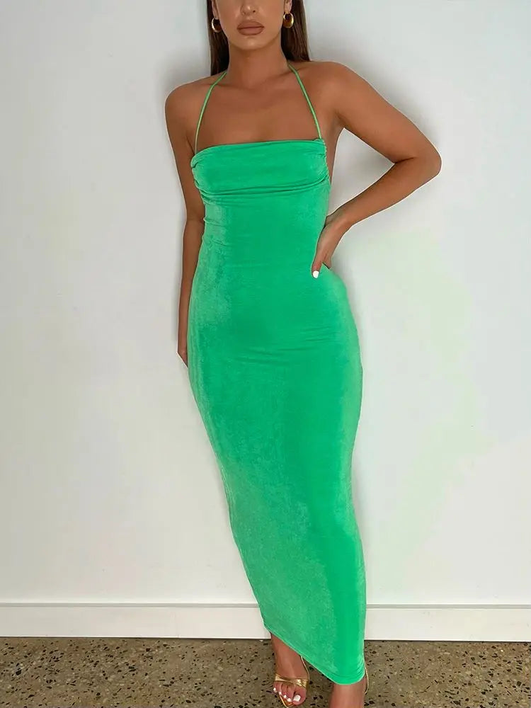 Women's Halter Backless Draped Maxi Dress - Long Straps Shift Dress