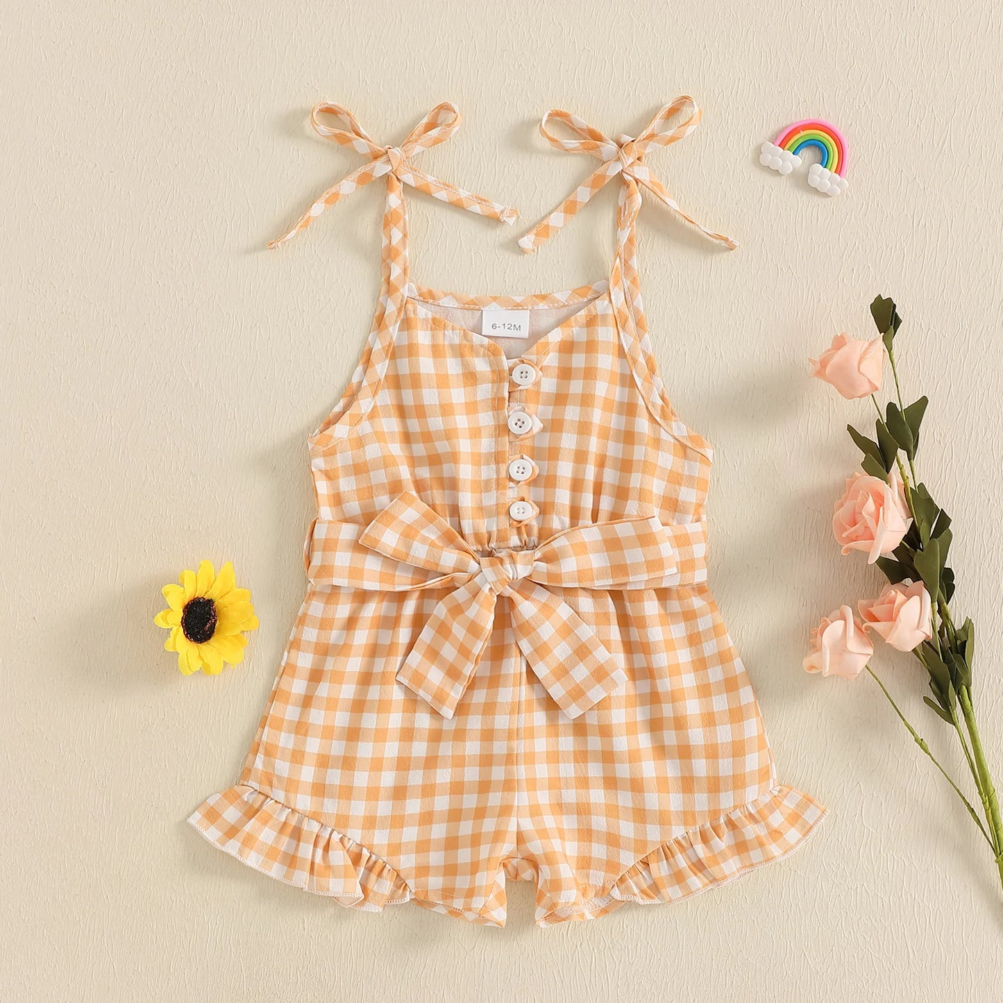 1-5Y Kids Girls Summer Jumpsuit Plaid Print Sleeveless Button Up Ruffle Trim Overalls with Belt