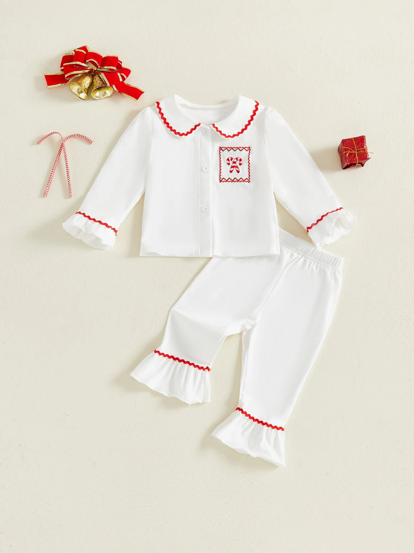 Toddler Girls Christmas Pajamas Set - Candy Cane Long Sleeve Top & Elastic Waist Pants (0-4Y)