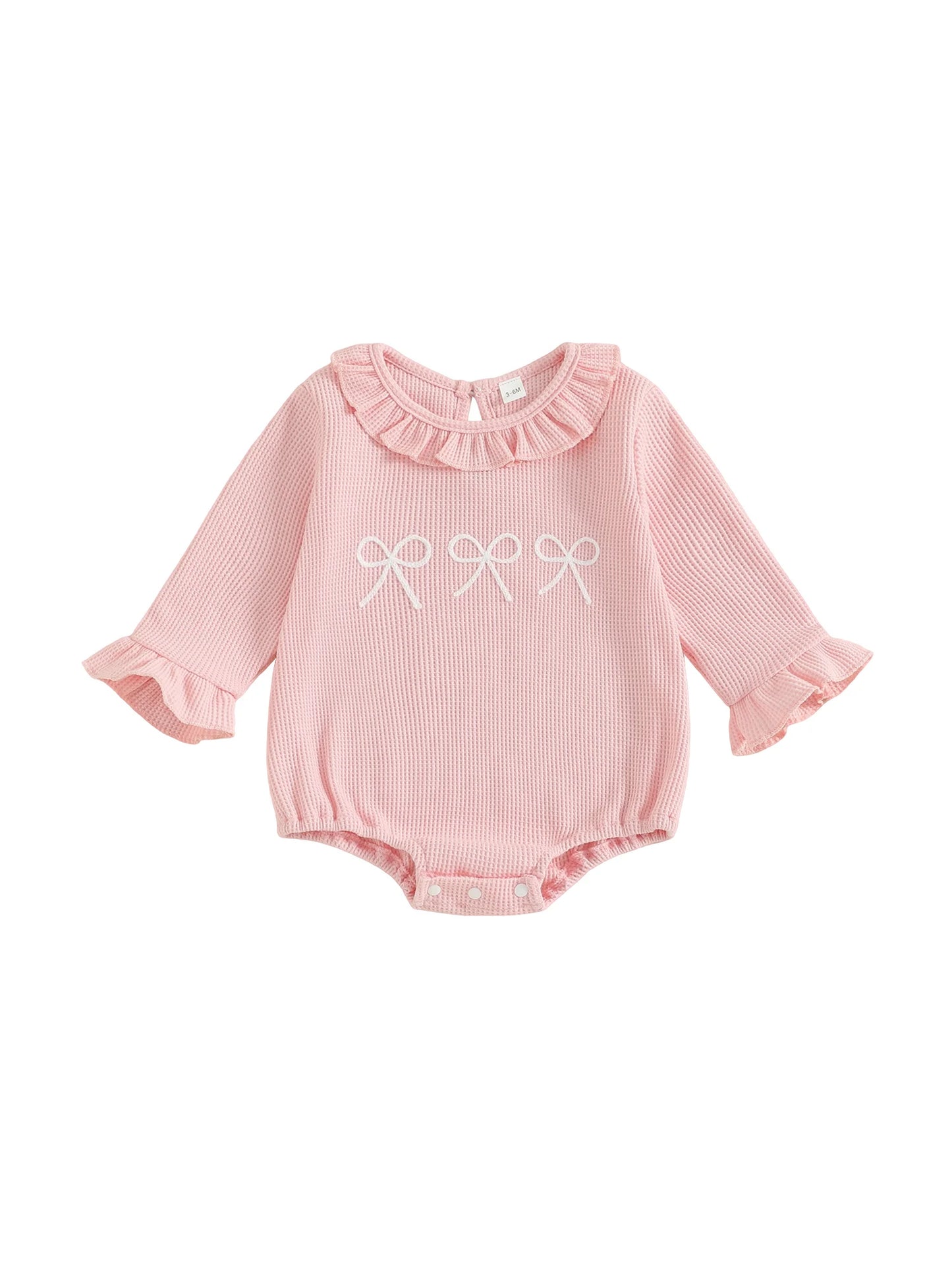 Lovely Baby Girls Bubble Romper - Bow Embroidery Long Sleeve Ruffle Jumpsuit (0-18M)