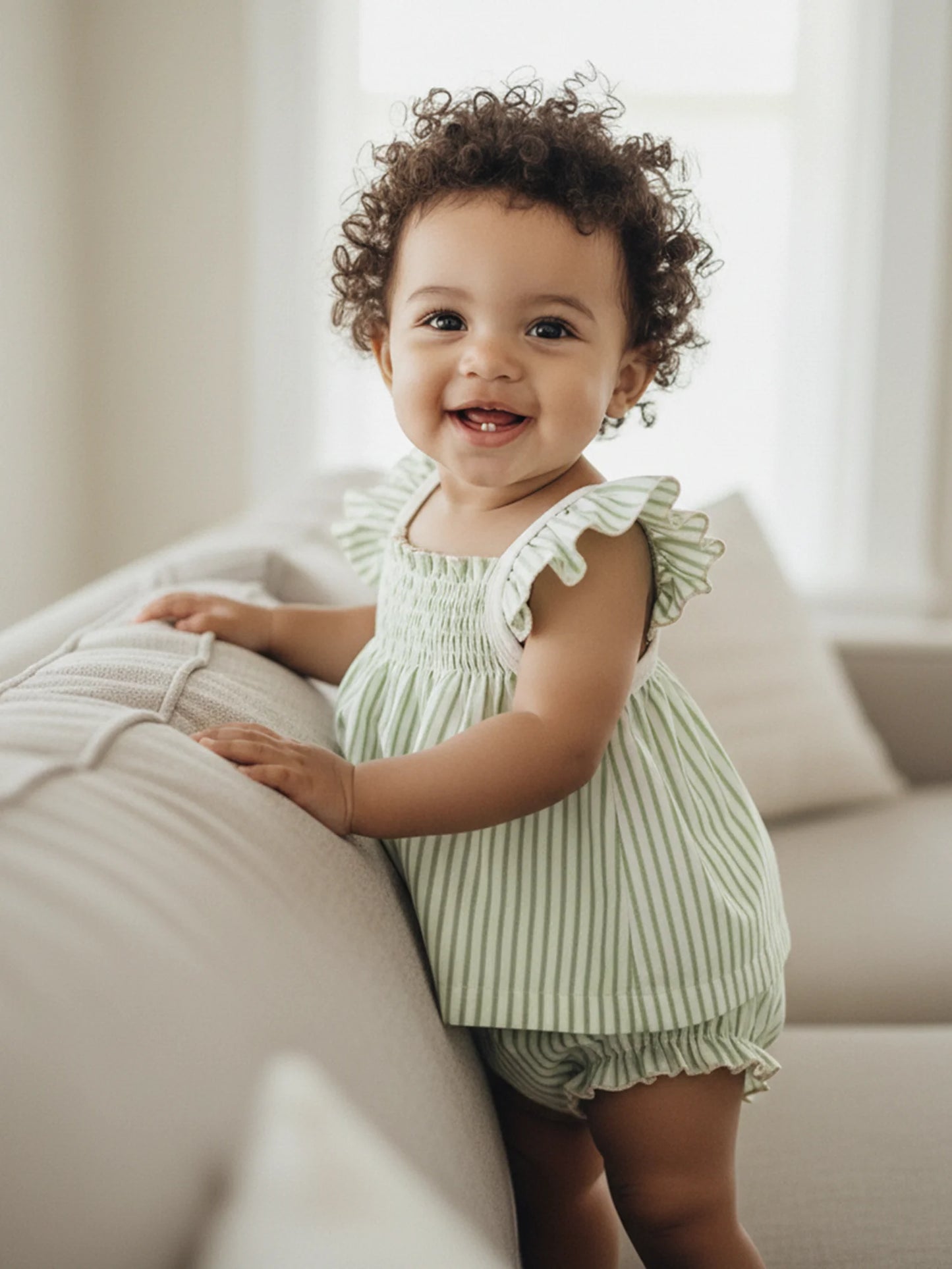 Baby Girls Striped Summer Outfit Set - Flying Sleeve Top & Shorts (0-24M)