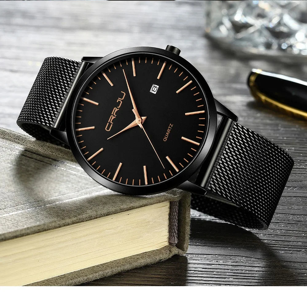 Ultra Slim Stainless Steel Watch - 40mm Mesh Strap Men's Automatic Wristwatch