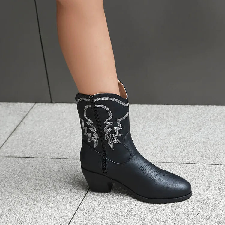 Totem Embroidered Ankle Boots - Pointed Toe Chelsea Boots with 6cm Wedge Heel