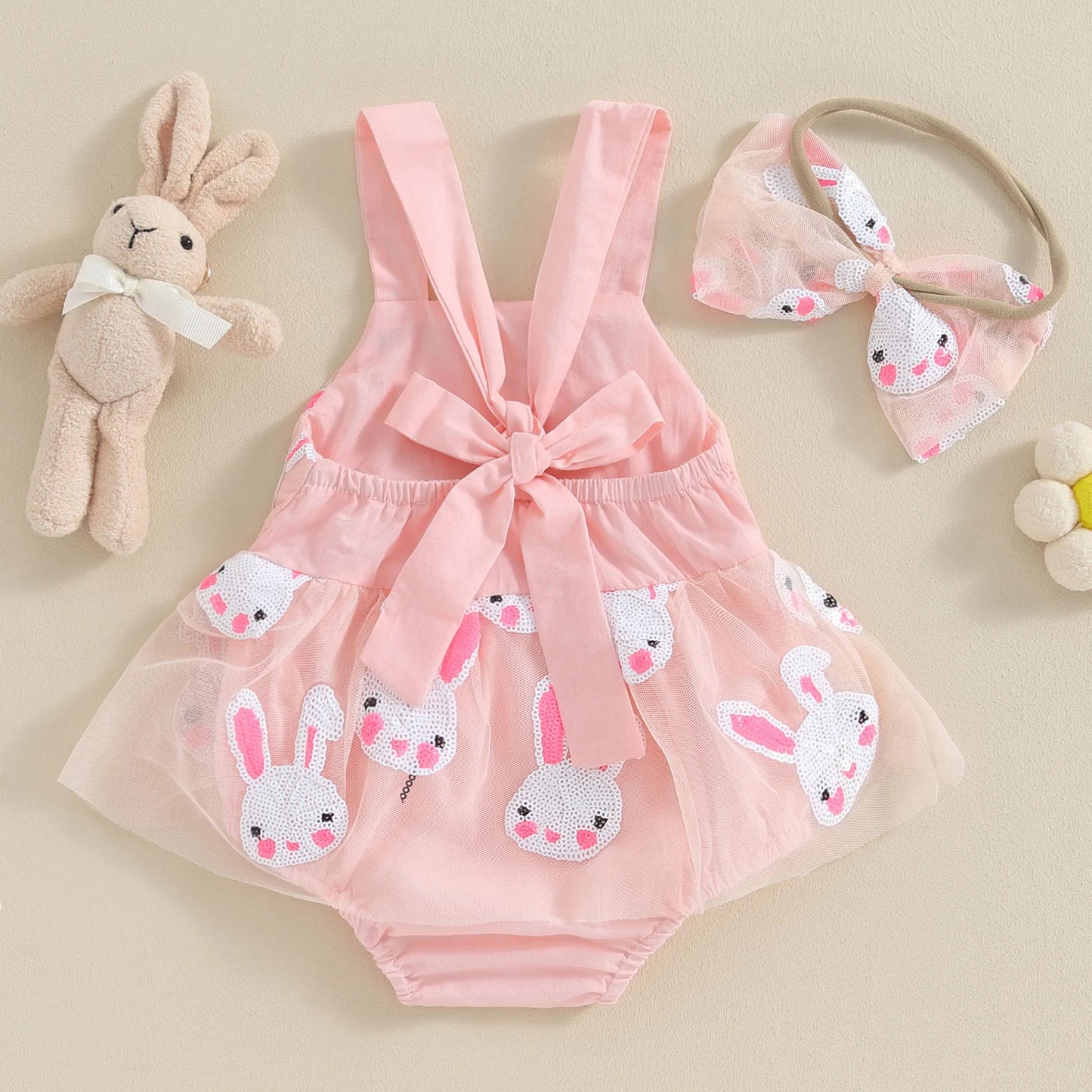 0-7Y Baby Girls Easter Sleeveless Dress/Romper Tie-Up Spaghetti Strap Sequin Rabbit Pattern Tulle A-Line Dress