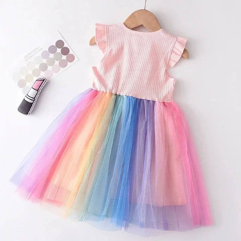 Girls Rainbow Mesh Party Dress – Colourful Sleeveless Summer Dress