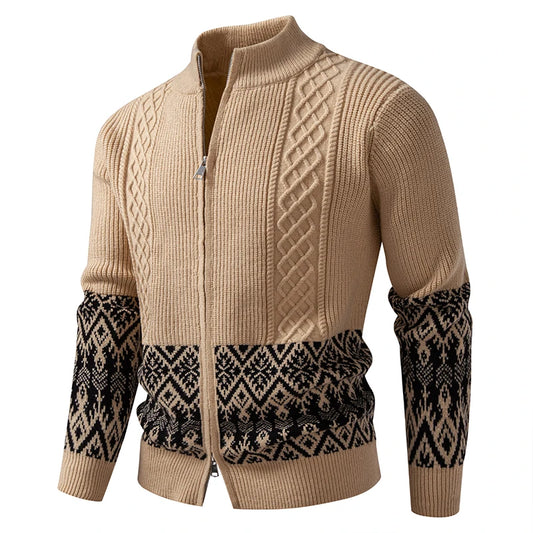 Men's Patchwork Knit Cardigan - Stand Collar Warm Sweatercoat for Autumn Winter