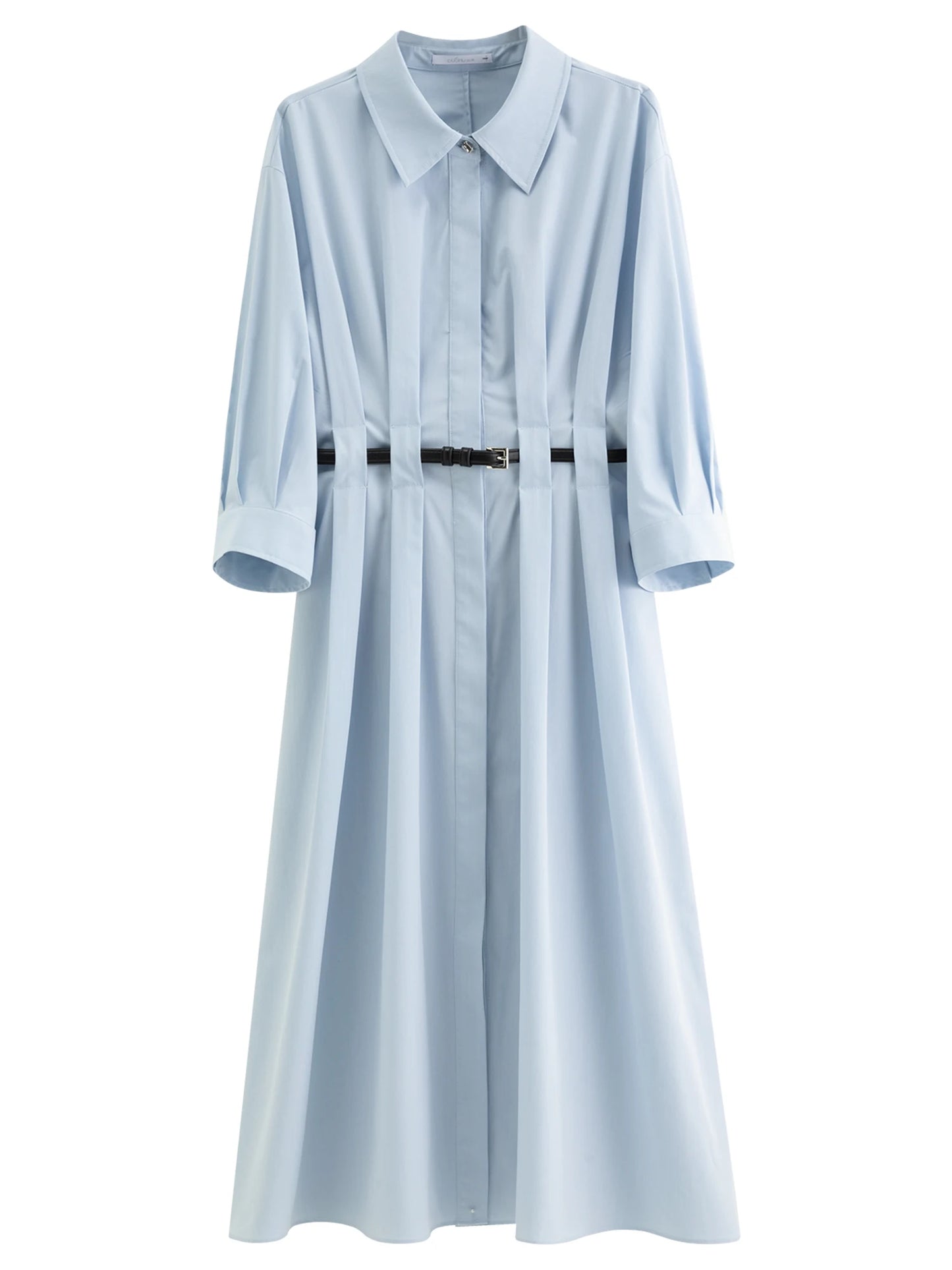 Vertical Striped Shirt Dress with Pleated Design and Belt