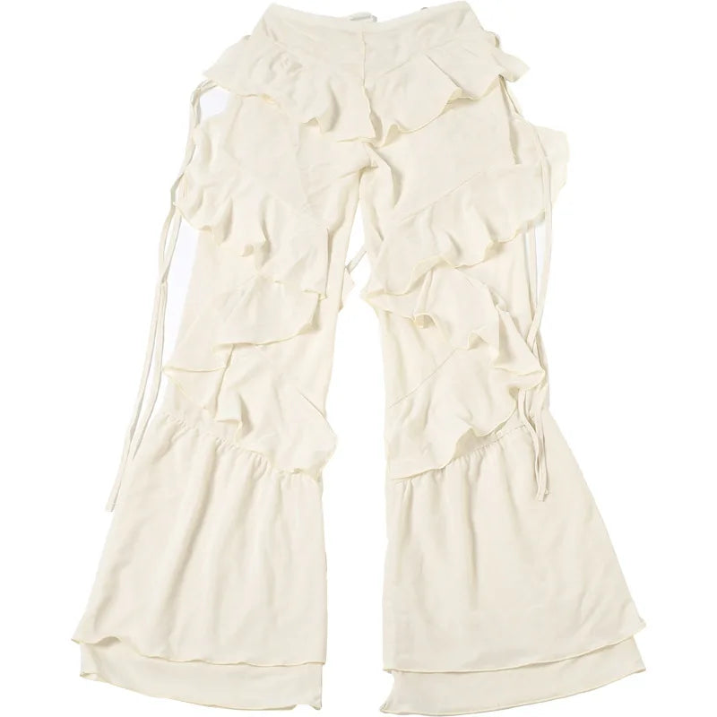 Women's Ruffled Tie Detail Flared Pants - Mesh Sheer Stretch Trousers