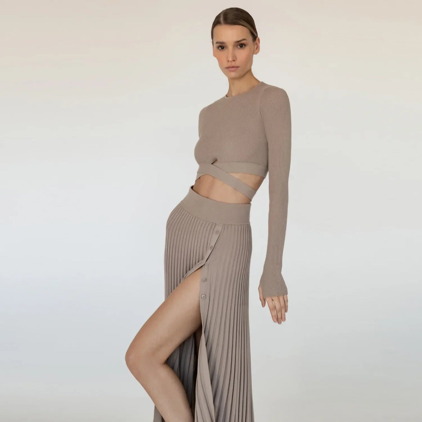 Women's Knit Two Piece Ribbed Crop Top And Pleated Knitted Midi Dress Set