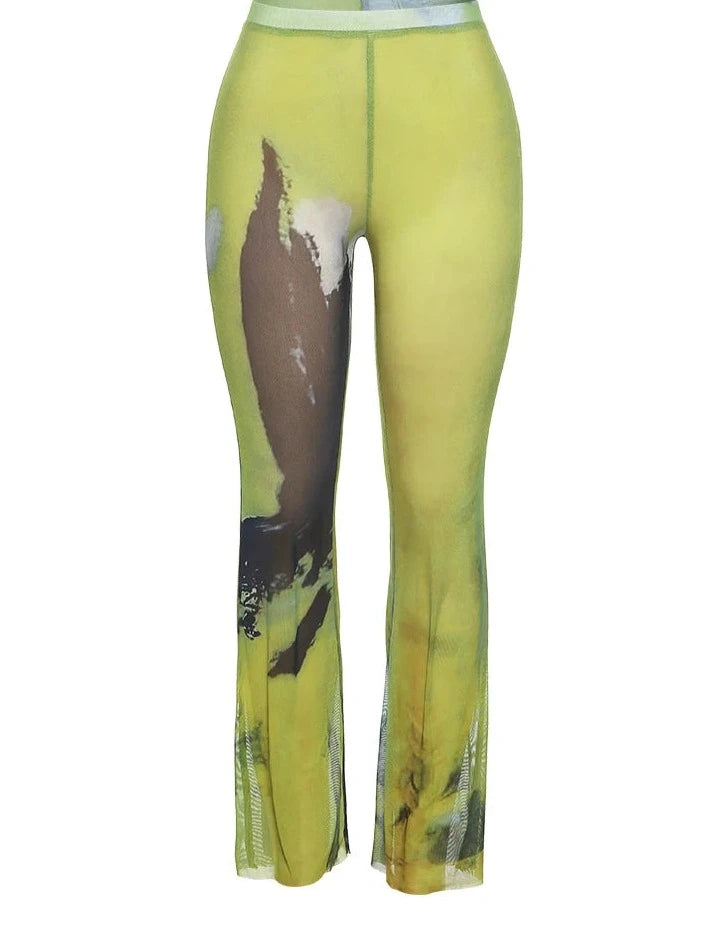 Mesh Tie Dye Straight Trousers- Women Summer See Through Thin Skinny Wild Elastic Activity Bottoms