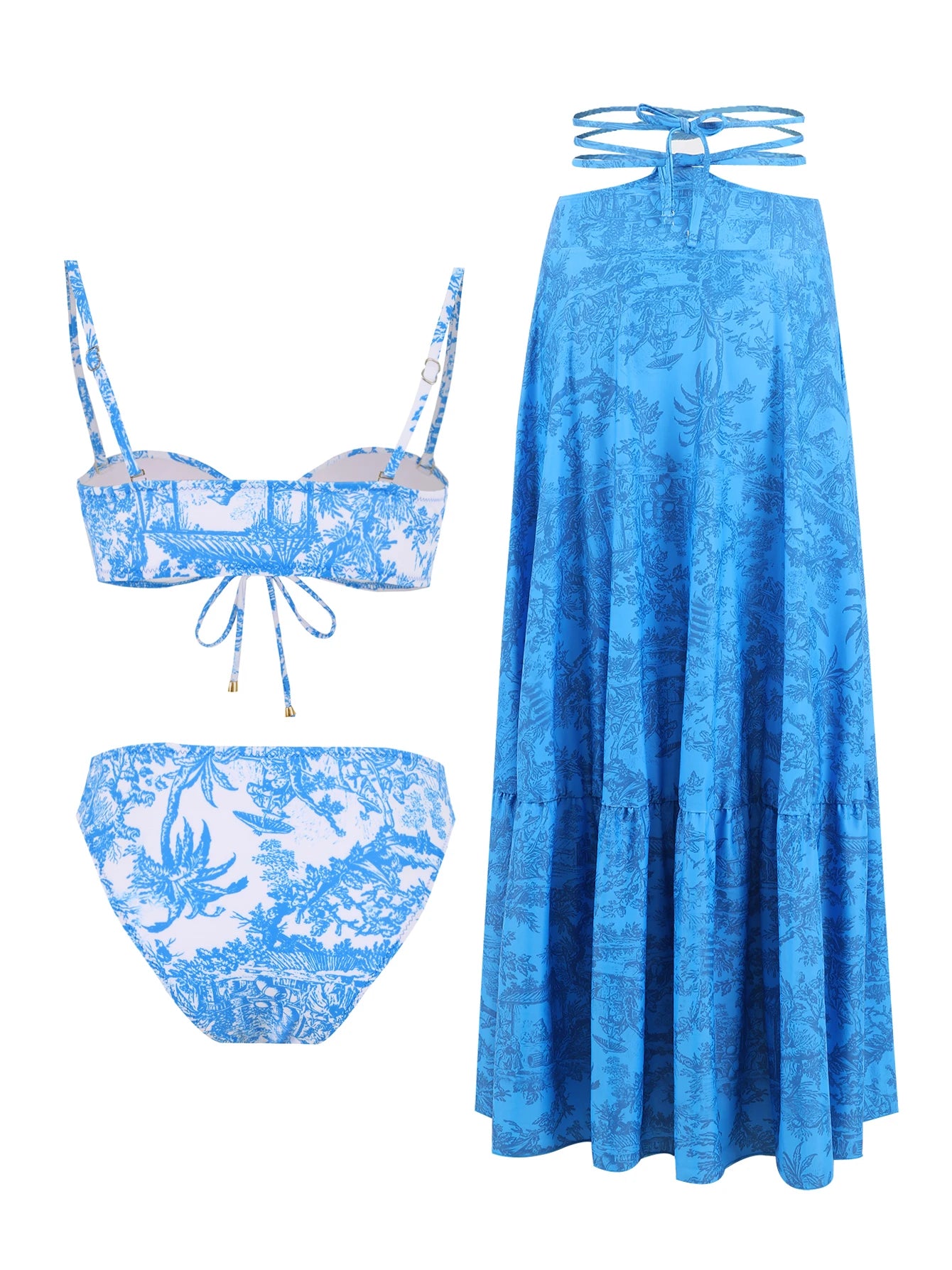 Women's Printed Strapless Bra Top & A-Line Maxi Skirt Three-Piece Beach Set