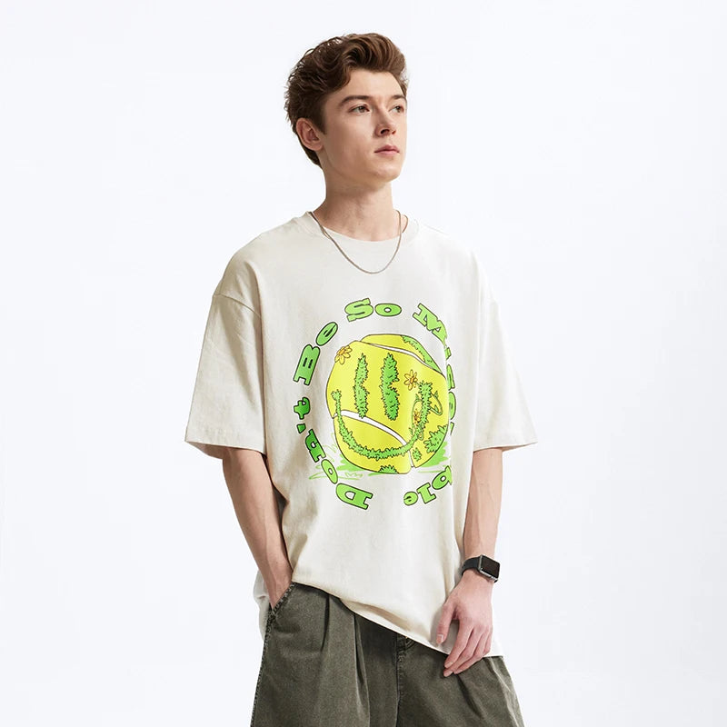 Men's Tennis Graphic Cotton T-Shirt American Vintage Tee Streetwear Loose Fit Crew Neck Short Sleeve
