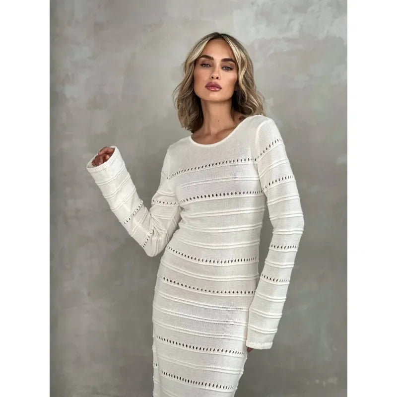 Women's Striped Hollow Two-Wear Knitted Long Dress  Sweater Dress