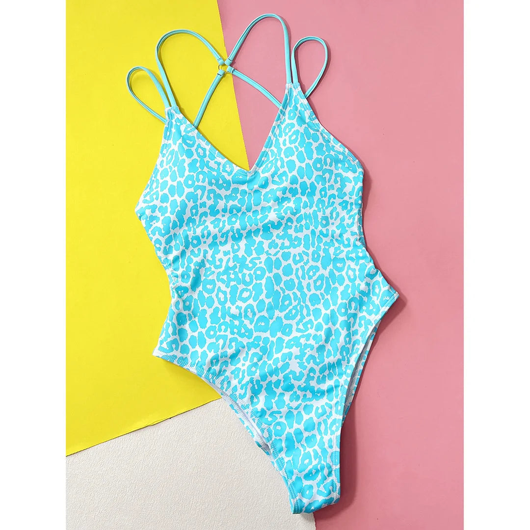 Leopard V Neck Backless High Leg Swimsuit