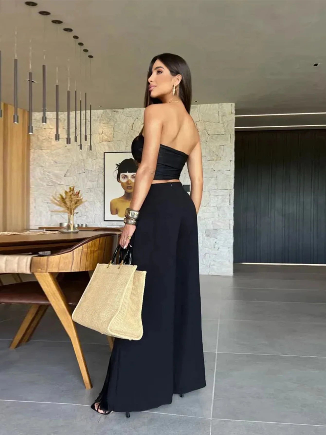 Women's Strapless Tie-Flower Crop Top & High Waist Wide Leg Trousers Set