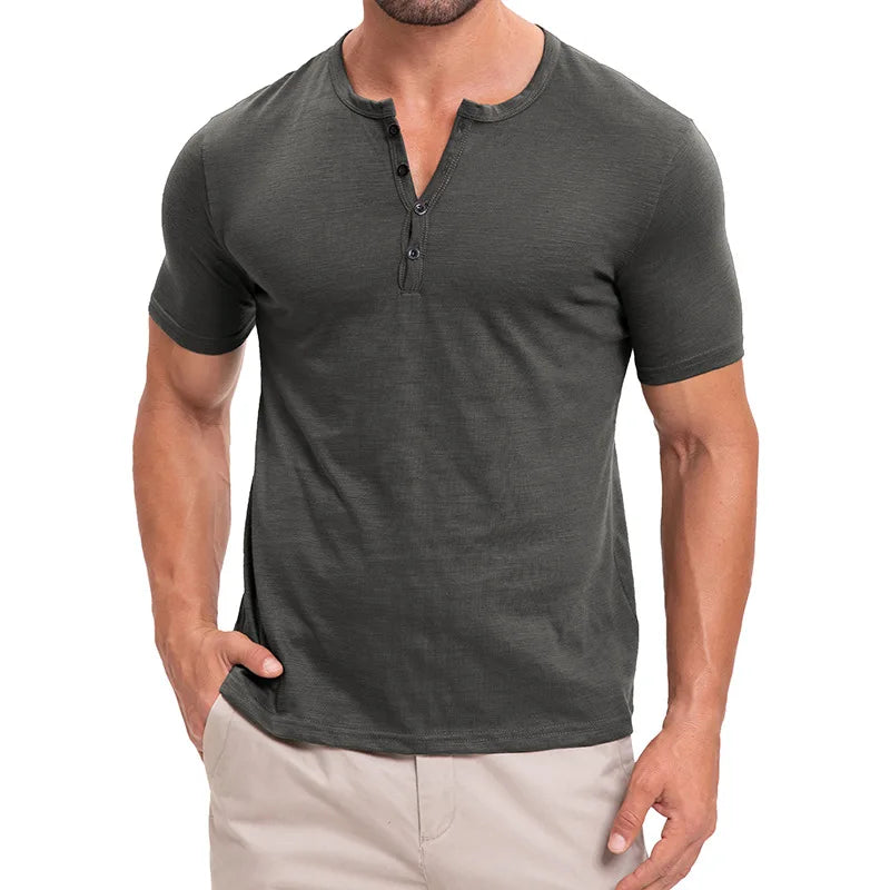 Men's Summer Henry Collar Short Sleeve Casual Pullover T-Shirt