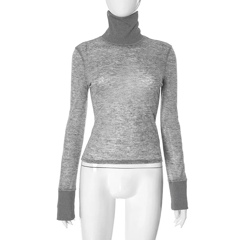 Women's Casual Turtleneck  Splice Slim Bottoming Pullover See Through Long Sleeve T-Shirt