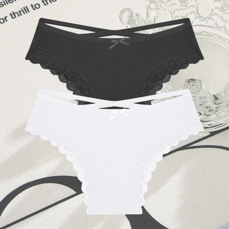 Women's Cotton Panties - 2 Pack Lace Brazilian Briefs Low-Waist