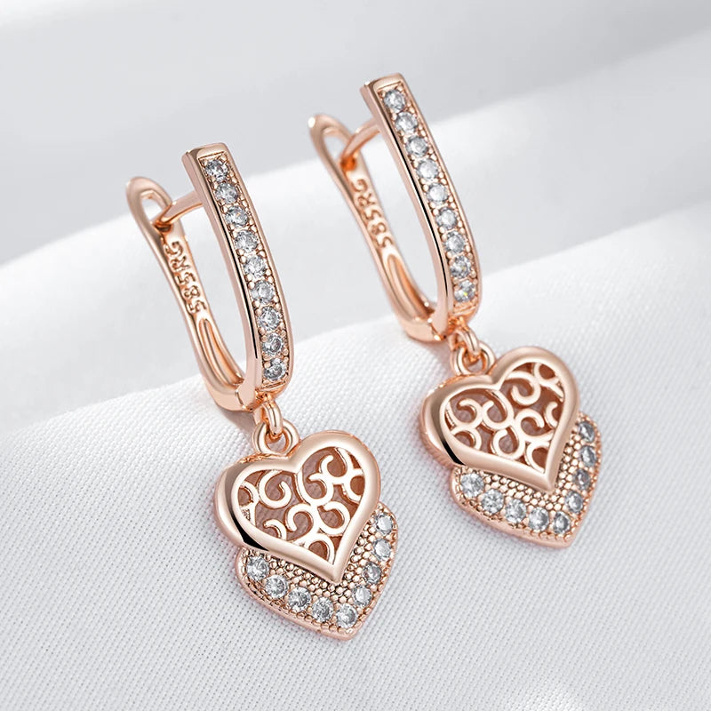 Women's Glossy Metal Natural Zircon 585 Rose Gold Color Geometry Long Earrings