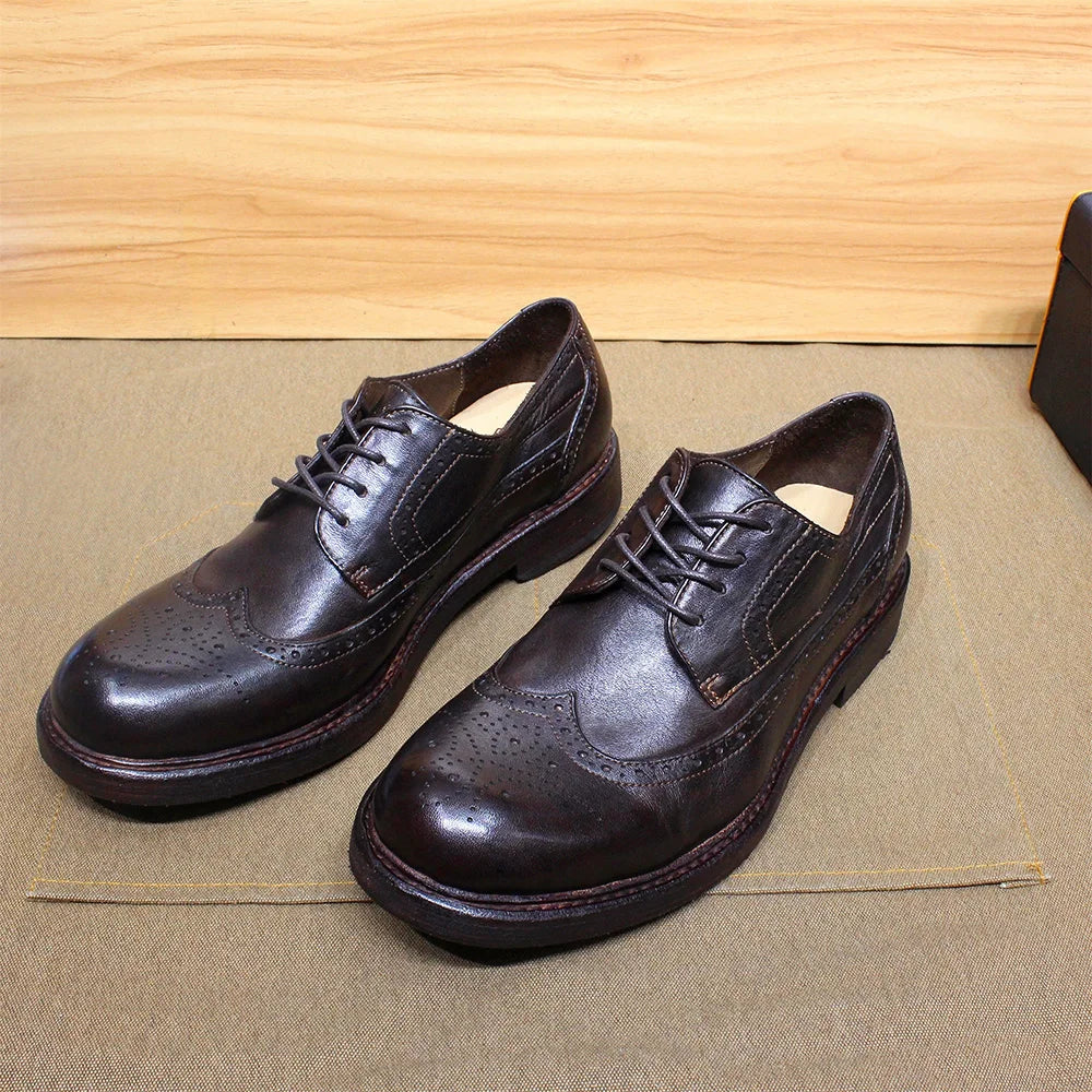 Handmade Stitched Derby Dress Shoes - Soft Calfskin Leather Wingtip Brogue