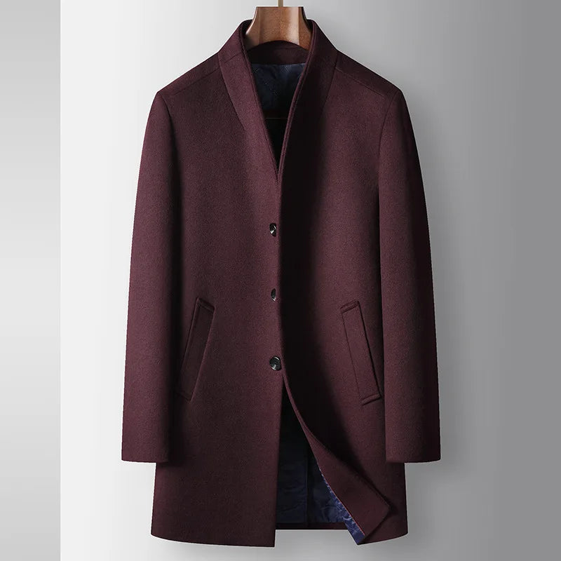 Men's Stand Collar Woollen Coat - Smart Casual Long Wool Blend Trench for Autumn Winter