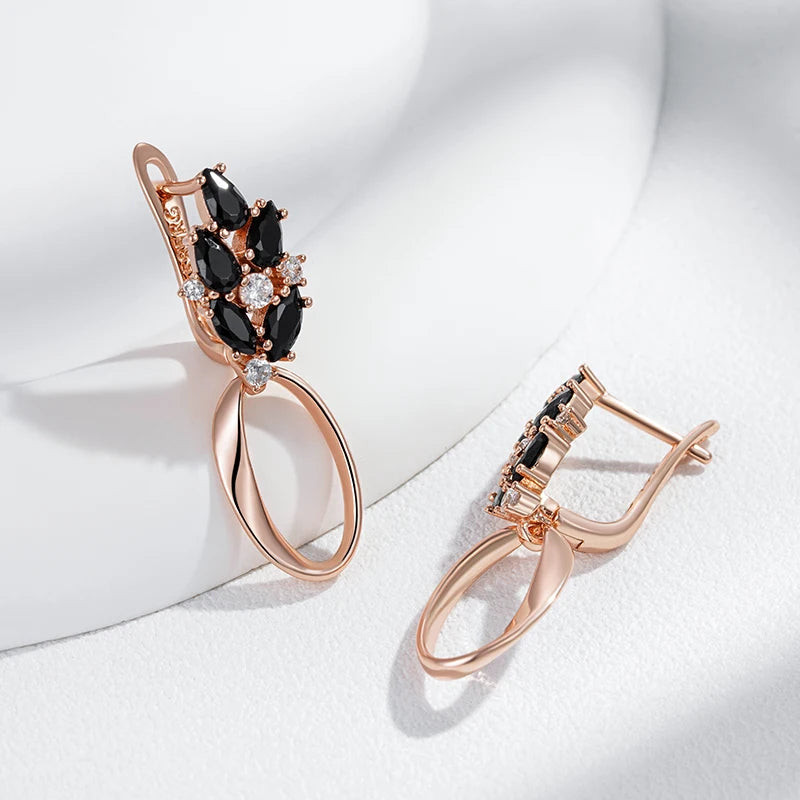 Women 585 Rose Gold Colour Glossy Black Natural Zircon Hollow Geometric Drop Earring