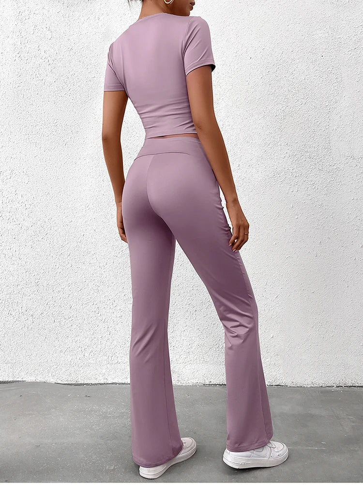 Women's Two-Piece Yoga Set - Short Sleeve T-Shirt & Straight Pants